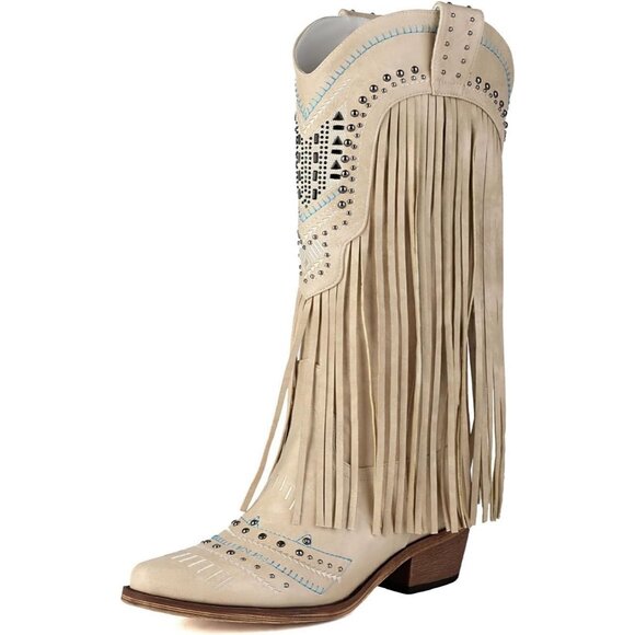 Women's Tan Wide Calf Embroidered Tassal Cowgirl Boot Knee High Snip Toe - Picture 1 of 8